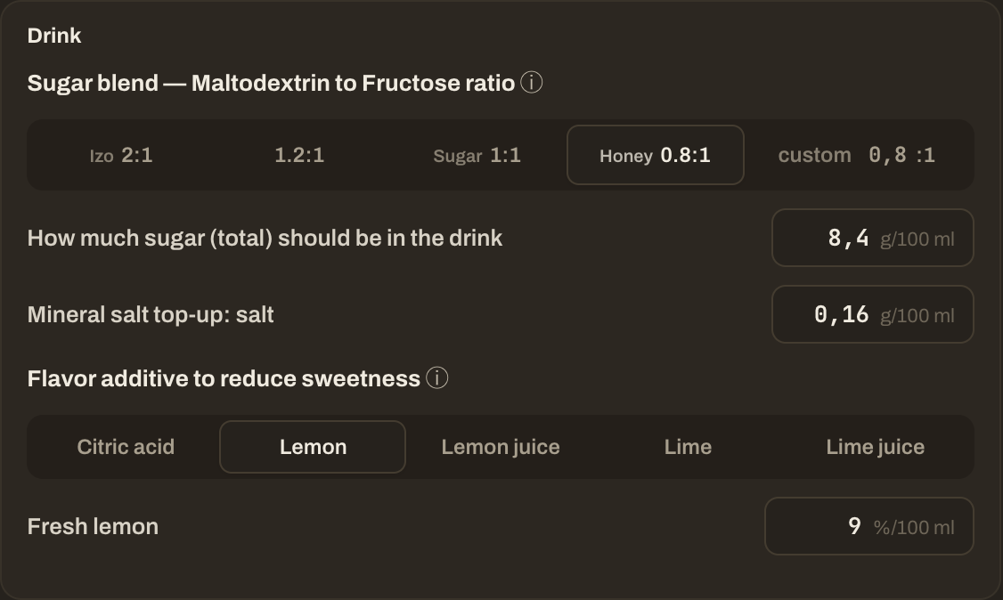 Mix & bottles panel: the isotonic recipe, measured out in honey, salt and lemon
