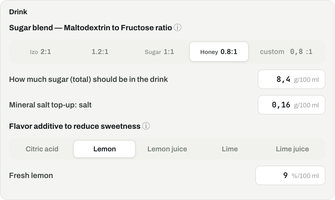 Mix & bottles panel: the isotonic recipe, measured out in honey, salt and lemon